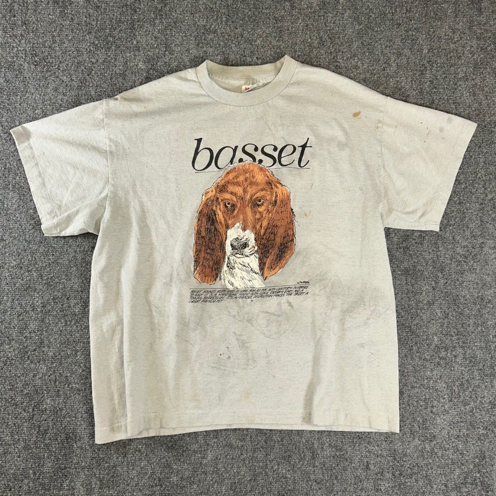 Vintage Tee Jays Basset Hound Dog Graphic T-Shirt Gray XL USA Single Stitch